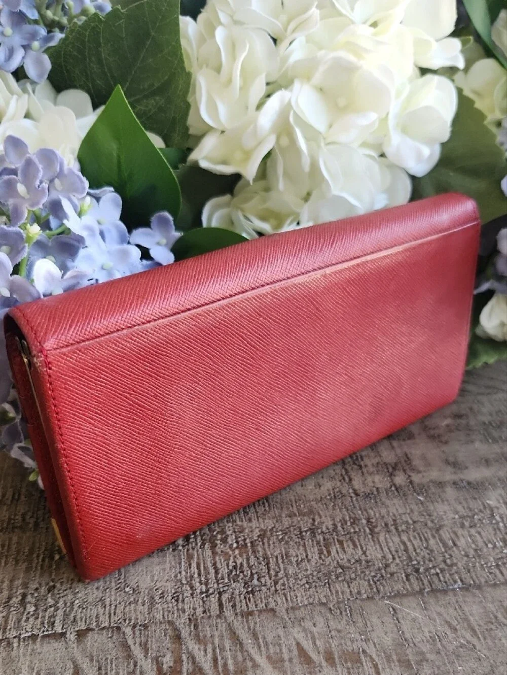 Givenchy Red Textured Leather Long Wallet with Gold Corner Accents